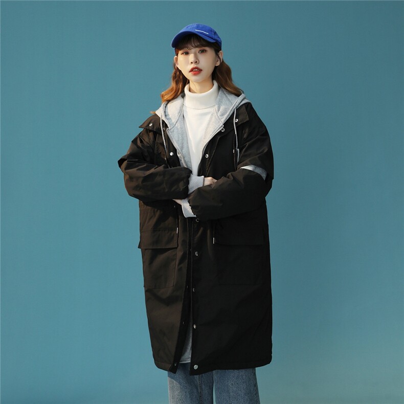 XZ216-BK102-P135 2024秋冬新款男女中性假两件连帽长款棉衣 1图片