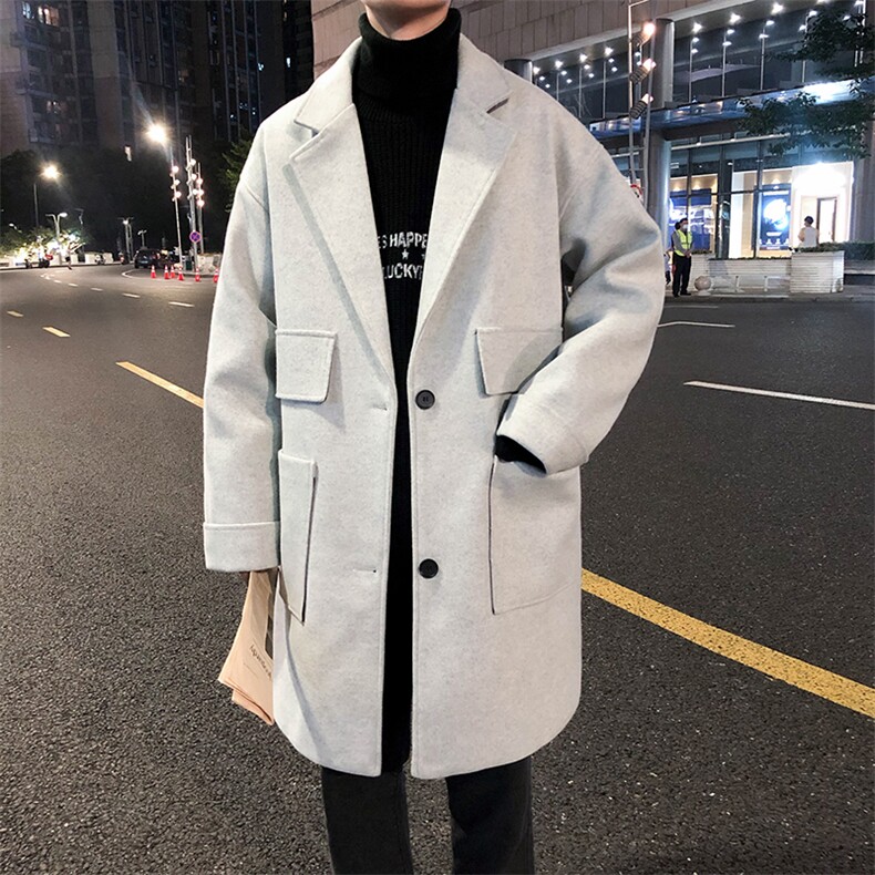 风衣中长款呢子纯色加大码百搭宽松风衣男A071-F01-P115，男装风衣，电商A071