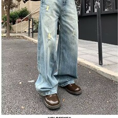 美式复古2025夏季水洗破洞牛仔裤男宽松阔腿弯刀长裤GJA08-P50，男装牛仔裤，星座208-5