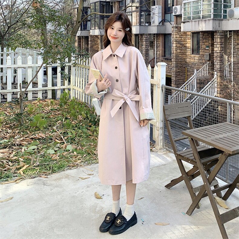 粉色甜美减龄风衣外套女2025年秋季新款韩版中长款系带收腰大衣,女装套装/套裙,2C217