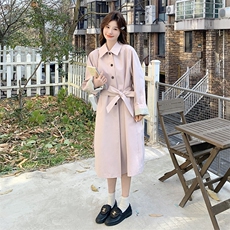 粉色甜美减龄风衣外套女2025年秋季新款韩版中长款系带收腰大衣，女装套装/套裙，2C217