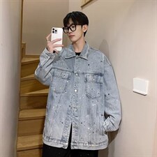 做旧工装夹克泼墨牛仔外套男春秋季港风学生宽松上衣W3774-P68，男装夹克，星座512-2