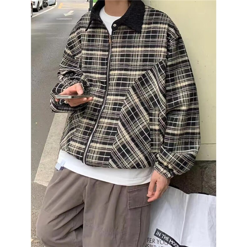 春秋美式短款格子纹夹克男百搭宽松休闲翻领外套潮上衣HH912P88,男装夹克,星座1013-5