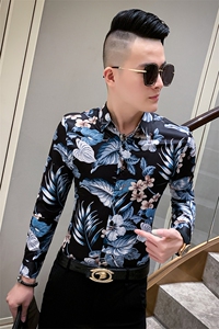 2021春男衬衫长袖上衣韩版社会精神小伙印花花衬衫A068图片