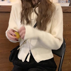 秋冬新款连帽拉链针织外套休闲慵懒风开衫，女装针织衫/毛衣，思途羊绒