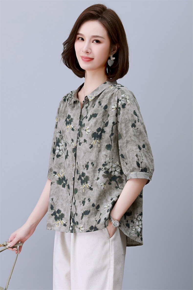 妈妈棉麻短袖衬衫女2025夏季新款大码宽松中老年女装外穿碎花上衣,女装衬衫,依恋蒂丝
