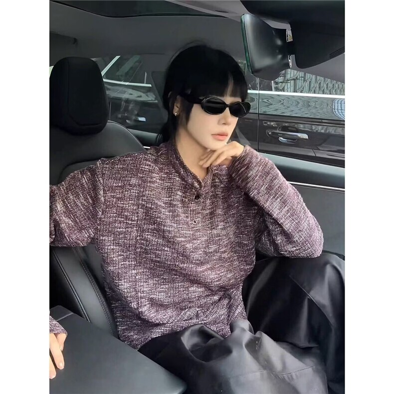 QC3338-P42复古针织棉线宽松圆领套头毛衣女2025秋季简约长袖,男装针织衫/毛衣,电商B323A