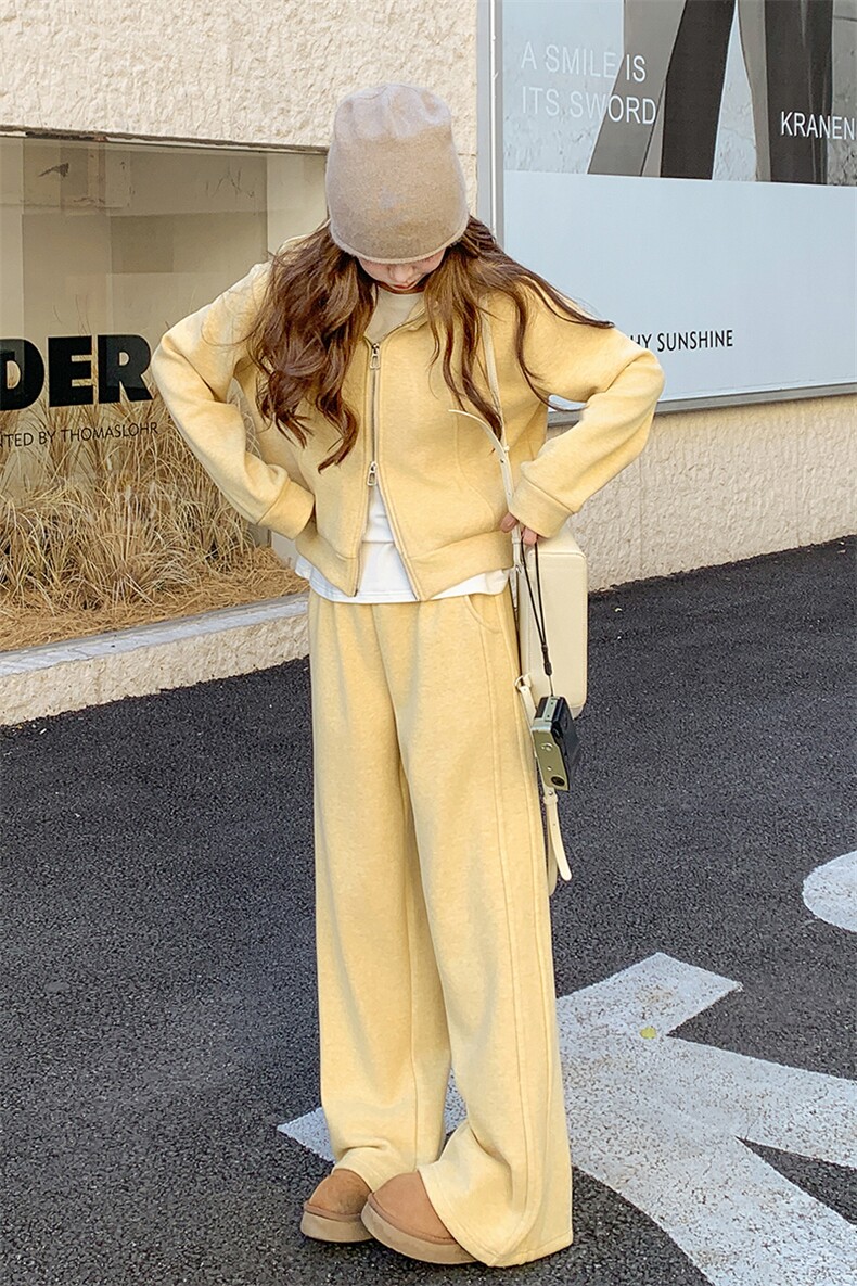奶盐系黄色休闲运动套装女2025年春秋季新款加厚卫衣阔腿裤两件套,女装套装/套裙,2C317