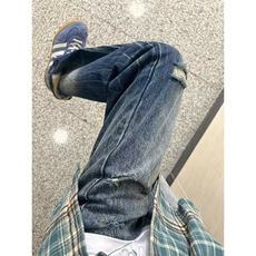 【有货】DYK6052-批48高质量浅蓝色闪电纹破洞显瘦宽松牛仔裤男，男装牛仔裤，星座603-2
