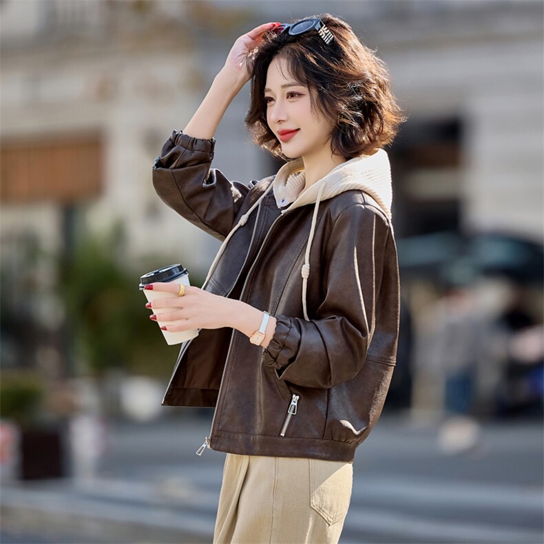 可脱卸帽子休闲皮衣外套大量现货2025春季女装新款女士皮衣HZ0602,女装皮衣,魅衣本色