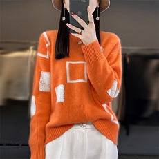 2025年秋冬新款拼色圆领100%纯羊毛衫女宽松长袖毛衣针织羊绒打底，女装羊毛衫，隆格羊绒