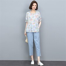 休闲时尚棉麻套装夏女装2025新款太洋气减龄妈妈小个子两件套，女装套装/套裙，奕阳依阁