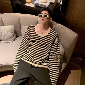 594-P33 宽松型青少年长袖男设计感打底衫上衣潮休闲气质条纹图片