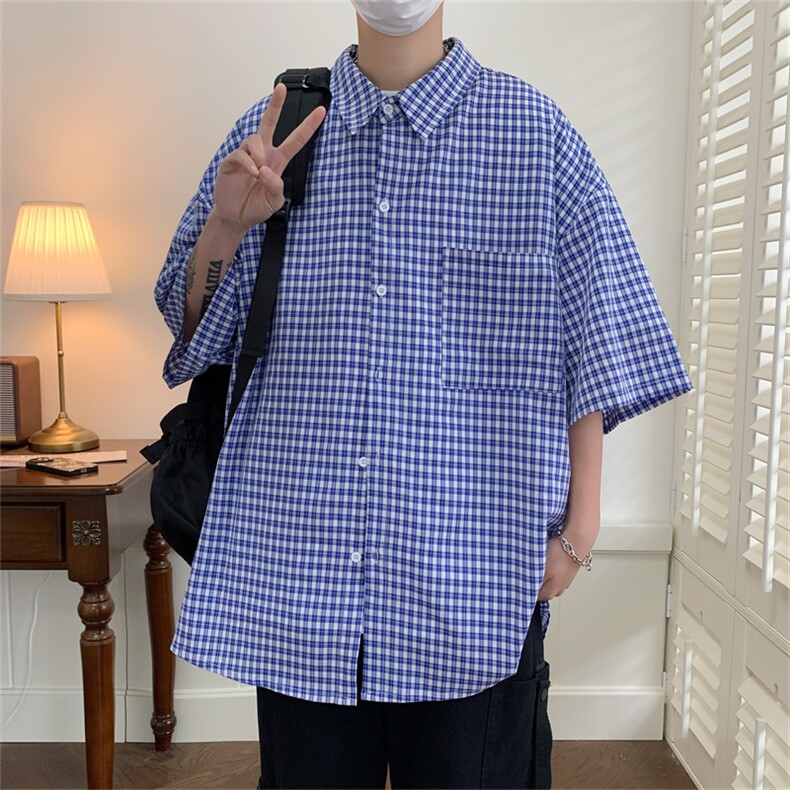 2025夏季新款格子宽松大码短袖衬衫潮衬衣A017C10P45,男装T恤,电商A017