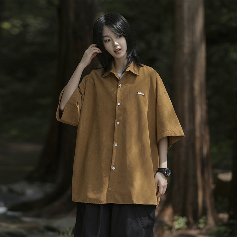 日系新款复古纯色短袖衬衫男女同款夏季宽松休闲情侣衬衣,男装衬衫,星座410-6（原星座1304-1）