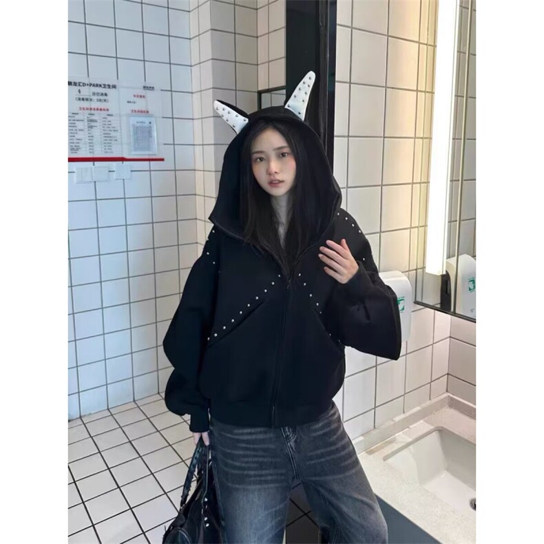 小众设计感铆钉拼接杜宾犬连帽运动衫男女宽松休闲百搭外套上衣潮图片