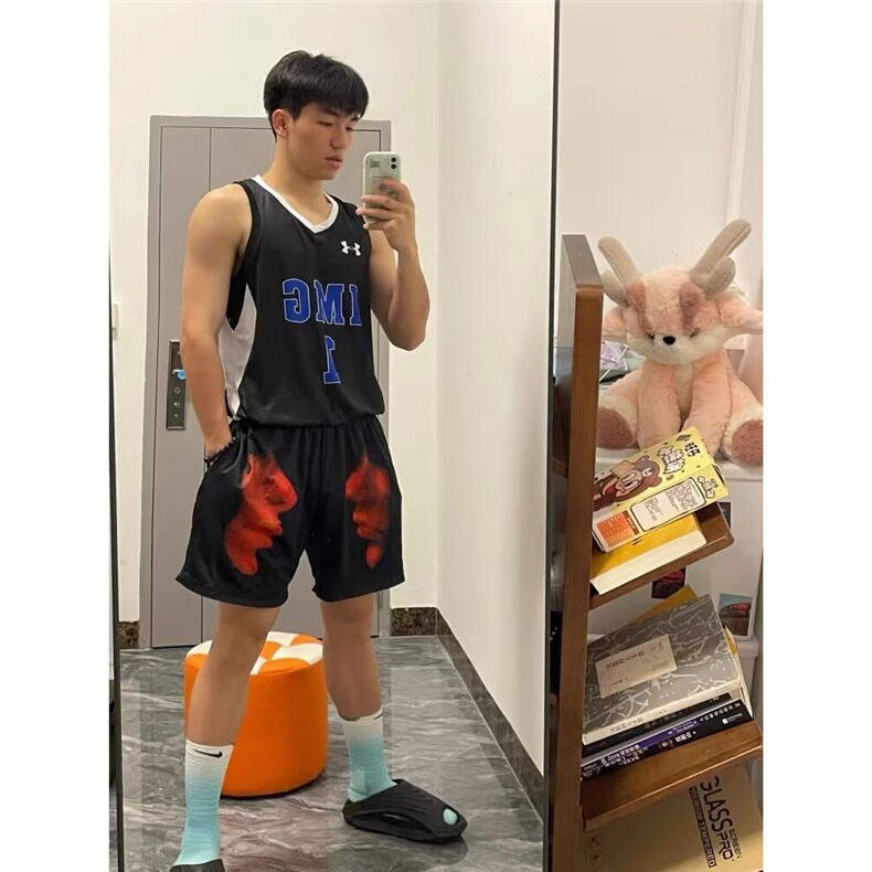 美式高街条纹印花不过膝网眼短裤潮牌夏季男女高街百搭休闲四分裤,男装牛仔裤,星座1210-1
