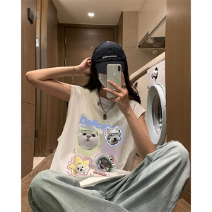 美式无袖vibe纯棉T恤慵懒风小猫咪印花休闲宽松打底衫HY580TP18图片