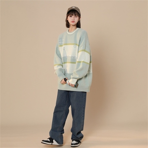 M8161/P65冬季美式时尚撞色条纹圆领?袖毛衣宽松休闲男女bf图片