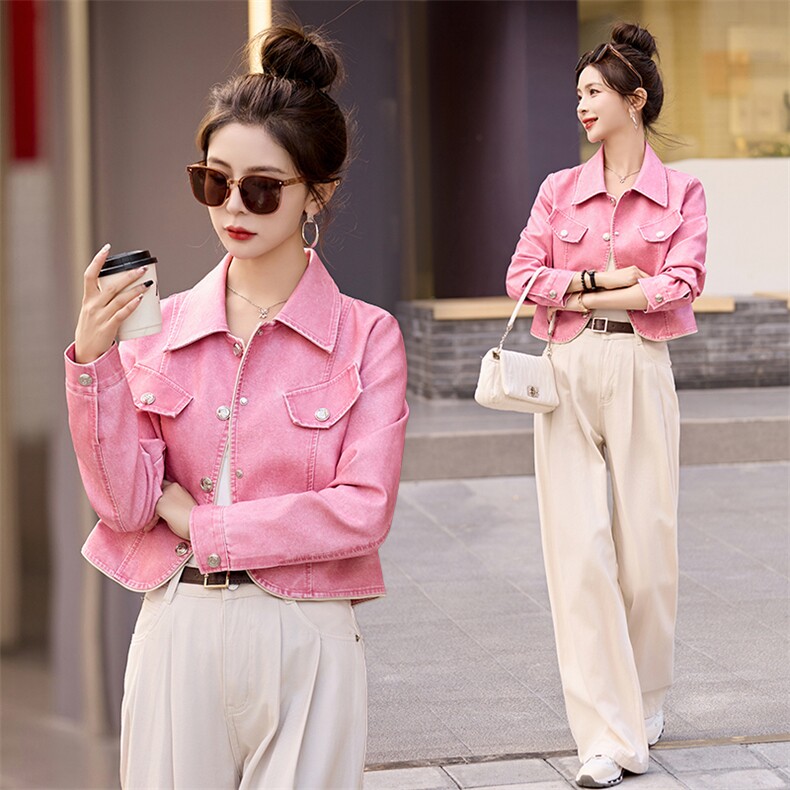 现货粉色小香风高级感皮外套女春秋季新款富家千金法式小个子上衣，女装皮衣，江南女神