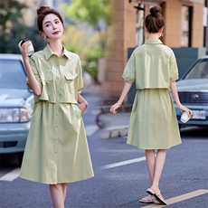 假两件绿色森系连衣裙女夏季2025新款小个子收腰高级感衬衫长裙子，女装连衣裙，红依一坊