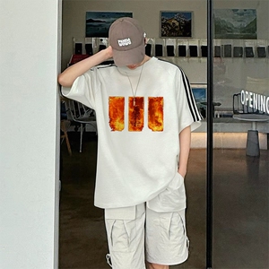 抖音得物高品质二开240克宽松纯棉美式潮牌三条杠织带短袖T恤图片