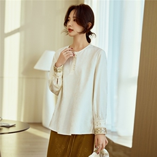重工刺绣新中式白色衬衫女2026春季新款提花长袖内搭圆领衬衣上衣，女装衬衫，梦懿尔