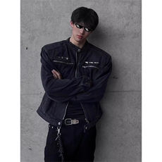 现货重工水洗短款牛仔外套春秋季小众设计复古垫肩牛仔衣立领夹克，男装工装外套，星座302B-3