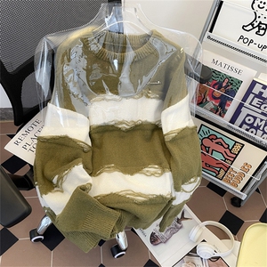 新款撞色条纹破坏感毛衣男秋冬美式潮牌宽松休闲百搭上衣图片