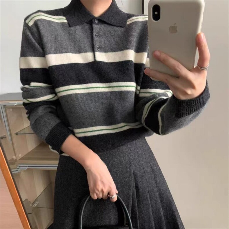 秋冬新款polo领针织套头上衣慵懒风，女装针织衫/毛衣，锦瑟羊绒