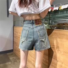 阔腿牛仔短裤女夏季新款高腰胖mm大码显瘦设计感小众a字阔腿热裤，男装牛仔裤，星座506A