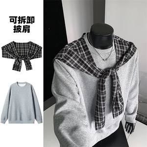 华棉420g重磅拼接打结可拆卸披肩假两件宽松卫衣男W5423特P50控98图片