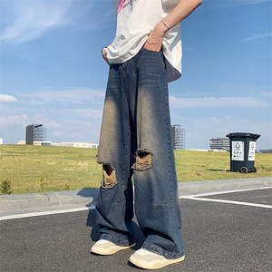 新款美式高街中性风直筒破洞水洗牛仔裤休闲拖地裤N0980-P48图片