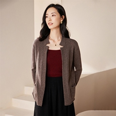 秋冬季保暖亲肤简约休闲通勤立领无扣开衫，女装针织衫/毛衣，江帆羊绒