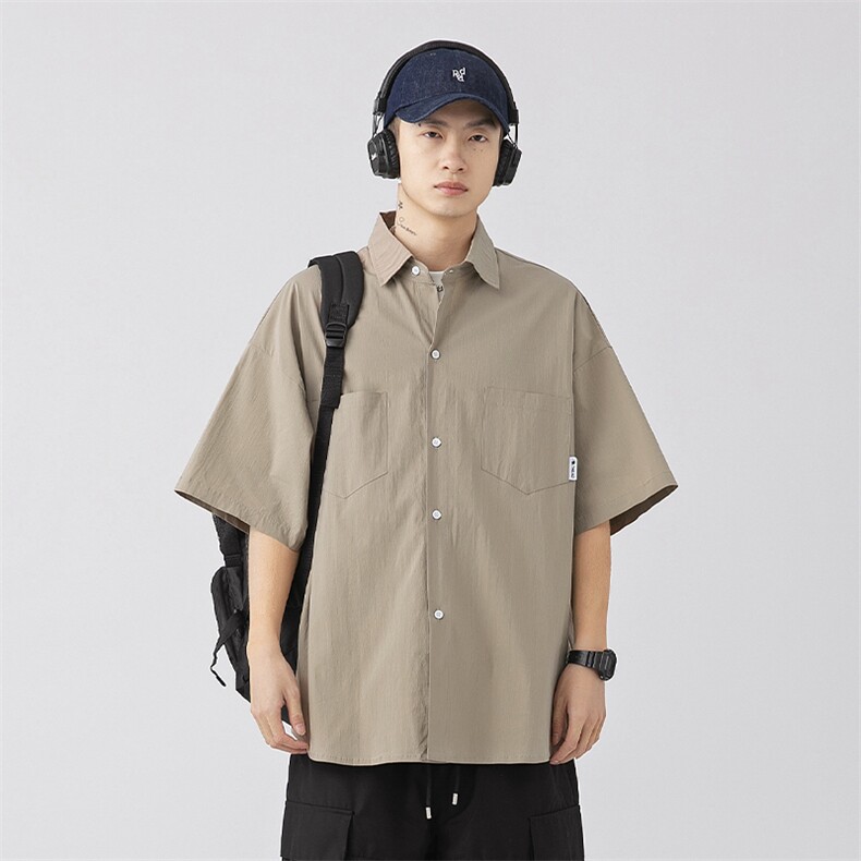 日潮 复古纯色口袋短袖衬衫春夏款潮牌工装衬衣外套K1712-P45控78图片
