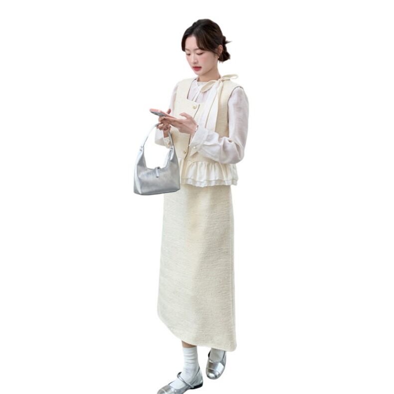 -2026年春季新款法式千金感蕾丝裙摆马甲半身裙三件套,女装套装/套裙,1D102-1