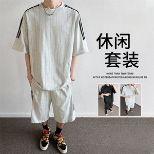 套装t恤男夏季薄款条纹款篮球休闲运动短袖短裤男装一套装图片