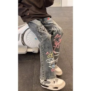 复古手绘涂鸦弯刀牛仔裤男潮牌痞帅裤子美式高街牛仔裤NA462-P50图片
