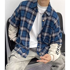 免烫五分袖夏季标准潮青少年复古假两件拼接格子衬衫长袖C450，男装衬衫，星座1116A（原606A-3）