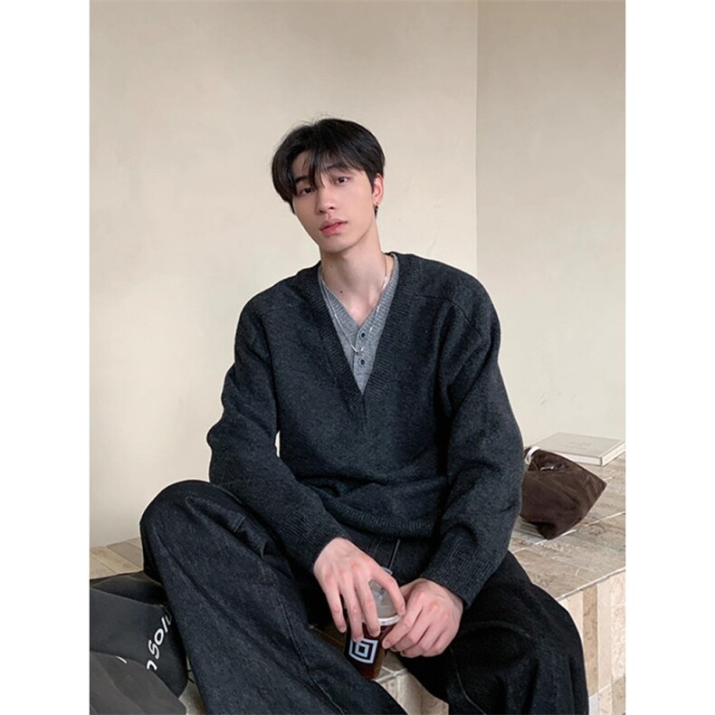 RTIMFD 老钱风深V领假两件毛衣氛围感休闲纽扣多穿针织衫cleanfit图片