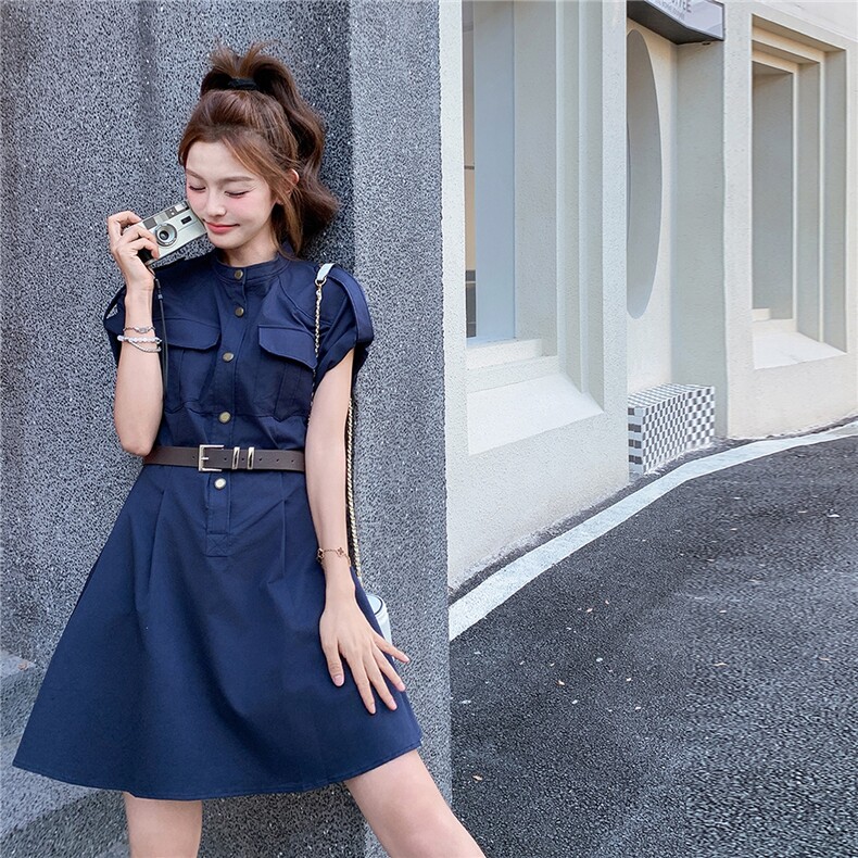 蓝色立领气质工装连衣裙子女2025年夏季新款收腰显瘦小个子A字裙,女装连衣裙,2C325
