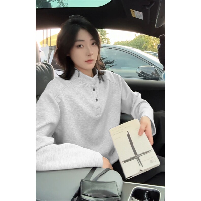 美式解构拼接亨利领长袖T恤男秋季潮牌青少年宽松痞帅内搭打底衫图片
