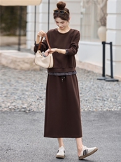 2026年春季两件套格子拼接长袖宽松显瘦半身裙两件套装，女装套装/套裙，简韵佳