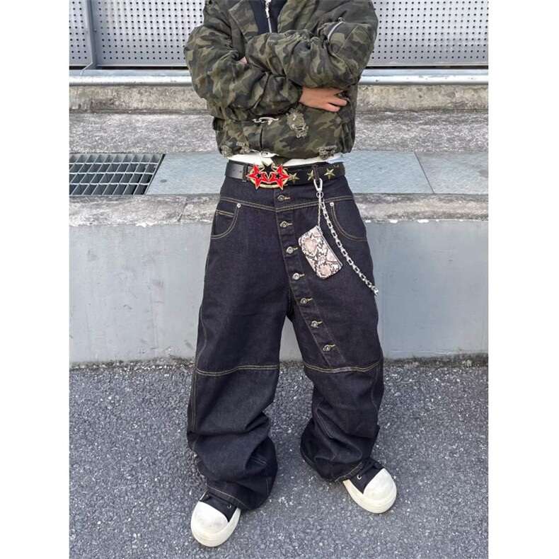 1506-1/KB51471/P52复古小众口袋阔腿弯刀拖地宽松豹纹拼接牛仔裤，男装牛仔裤，星座1506-1