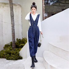 时尚显瘦牛仔背带连体裤女宽松高腰减龄休闲长裤百搭学生工装裤，女装连体裤，秋水欣儿