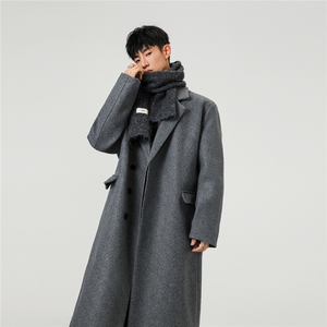 新品现货韩系中长款毛呢大衣男过膝情侣风衣外套图片