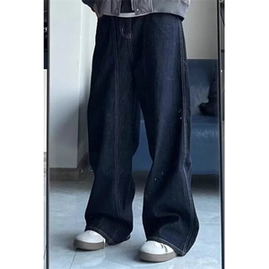 复古丹宁蓝阔腿弯刀牛仔裤男解构宽松直筒休闲长裤子潮牌 N6036图片