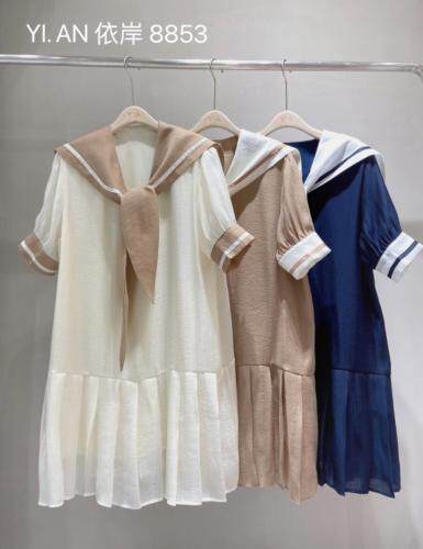 夏季海军风连衣裙，女装连衣裙，依岸