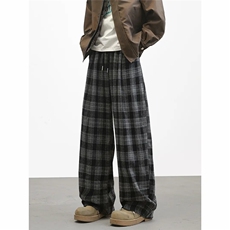 毛呢格子阔腿裤男加厚冬季新款宽松大脚直筒裤百搭时尚大码休闲裤，男装休闲裤，星座506A