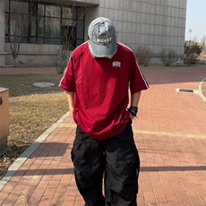 抖音得物高品质二开240克宽松纯棉美式潮牌三条杠织带短袖T恤，男装T恤，电商A486-1